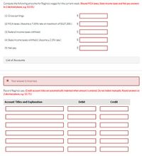Compute the following amounts for Regina's wages for the current week (Round FICA taxes, State income taxes and Net pay answers
to 2 decimal places, eg. 52.55.)
(1) Gross earnings.
(2) FICA taxes. (Assume a 7.65% rate on maximum of $127.200.)
(3) Federal income taxes withheld.
(4) State income taxes withheld. (Assume a 2.0% rate.)
(5) Net pay.
List of Accounts
X Your answer is incorrect.
Record Regina's pay. (Credit account titles are automatically indented when amount is entered. Do not indent manually. Round answers to
2 decimal places, eg. 52.75.)
Account Titles and Explanation
Debit
Credit
%24
%24
%24
