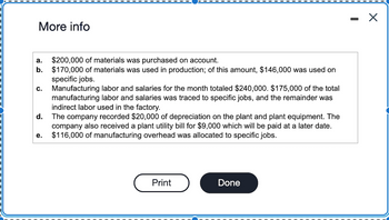 More info
a.
b.
C.
d.
e.
$200,000 of materials was purchased on account.
$170,000 of materials was used in production; of this amount, $146,000 was used on
specific jobs.
Manufacturing labor and salaries for the month totaled $240,000. $175,000 of the total
manufacturing labor and salaries was traced to specific jobs, and the remainder was
indirect labor used in the factory.
The company recorded $20,000 of depreciation on the plant and plant equipment. The
company also received a plant utility bill for $9,000 which will be paid at a later date.
$116,000 of manufacturing overhead was allocated to specific jobs.
Print
Done
X