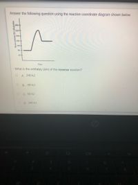 Answer the following question using the reaction coordináte diagram shown below.
280
240
E 200-
E 160-
120+
80
40-
Time
What is the enthalpy (AH) of the reverse reaction?
A. 240 kJ
B. -80 kJ
C. 80 kJ
D. 160 kJ
Heat content (H) kilojoules
