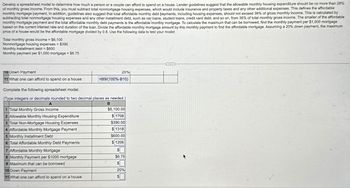 Develop a spreadsheet model to determine how much a person or a couple can afford to spend on a house. Lender guidelines suggest that the allowable monthly housing expenditure should be no more than 28%
of monthly gross income. From this, you must subtract total nonmortgage housing expenses, which would include insurance and property taxes and any other additional expenses. This defines the affordable
monthly mortgage payment. In addition, guidelines also suggest that total affordable monthly debt payments, including housing expenses, should not exceed 36% of gross monthly income. This is calculated by
subtracting total nonmortgage housing expenses and any other installment debt, such as car loans, student loans, credit card debt, and so on, from 36% of total monthly gross income. The smaller of the affordable
monthly mortgage payment and the total affordable monthly debt payments is the affordable monthly mortgage. To calculate the maximum that can be borrowed, find the monthly payment per $1,000 mortgage
based on the current interest rate and duration of the loan. Divide the affordable monthly mortgage amount by this monthly payment to find the affordable mortgage. Assuming a 20% down payment, the maximum
price of a house would be the affordable mortgage divided by 0.8. Use the following data to test your model:
Total monthly gross income = $6,100
Nonmortgage housing expenses = $390
Monthly installment debt = $600
Monthly payment per $1,000 mortgage = $6.75
10 Down Payment
20%
11 What one can afford to spend on a house
=B9/(100%-B10)
Complete the following spreadsheet model.
(Type integers or decimals rounded to two decimal places as needed.)
A
1 Total Monthly Gross Income
2 Allowable Monthly Housing Expenditure
3 Total Non-Mortgage Housing Expenses
4 Affordable Monthly Mortgage Payment
5 Monthly Installment Debt
6 Total Affordable Monthly Debt Payments
7 Affordable Monthly Mortgage
8 Monthly Payment per $1000 mortgage
9 Maximum that can be borrowed
10 Down Payment
11 What one can afford to spend on a house
B
$6,100.00
$1708
$390.00
$1318
$600.00
$1206
$
$6.75
$
20%
277
$