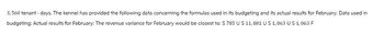 3,560 tenant - days. The kennel has provided the following data concerning the formulas used in its budgeting and its actual results for February: Data used in
budgeting: Actual results for February: The revenue variance for February would be closest to: $ 785 US 11,881 U $ 1,063 U $ 1,063 F