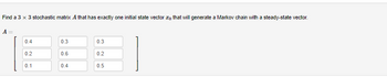 Find a 3 x 3 stochastic matrix A that has exactly one initial state vector that will generate a Markov chain with a steady-state vector.
A=
0.4
0.3
0.3
0.2
0.6
0.2
0.1
0.4
0.5