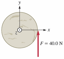 The image shows a circle with its center labeled as "z" and coordinates at the center. There are three axes: the x-axis pointing to the right, the y-axis pointing upward, and the z-axis is perpendicular to the plane of the image (implied by the circle). 

A red arrow is drawn from the perimeter of the circle pointing vertically toward the center, along the positive y-axis. This arrow represents a force labeled as \( F = 40.0 \, \text{N} \). The direction of the force is primarily upward in relation to the circle's plane.