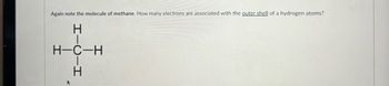 Again note the molecule of methane. How many electrons are associated with the outer shell of a hydrogen atoms?
HIC-H
H-C-H