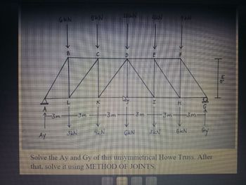 GKN
A
↑3m 3m
Ay
3EN
5kN
C
K
-3m
4KN
HOLN
hay
GKN
3m
4KN
H
3kN
-3m.
H
KN
-3m-
5kN
DIGA
Gy
Solve the Ay and Gy of this unsymmetrical Howe Truss. After
that, solve it using METHOD OF JOINTS.
wb