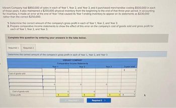 Vibrant Company had $850,000 of sales in each of Year 1, Year 2, and Year 3, and it purchased merchandise costing $500,000 in each
of those years. It also maintained a $250,000 physical inventory from the beginning to the end of that three-year period. In accounting
for inventory, it made an error at the end of Year 1 that caused its Year 1 ending inventory to appear on its statements as $230,000
rather than the correct $250,000.
1. Determine the correct amount of the company's gross profit in each of Year 1, Year 2, and Year 3.
2. Prepare comparative income statements to show the effect of this error on the company's cost of goods sold and gross profit for
each of Year 1, Year 2, and Year 3.
Complete this question by entering your answers in the tabs below.
Required 1 Required 2
Determine the correct amount of the company's gross profit in each of Year 1, Year 2, and Year 3.
VIBRANT COMPANY
Comparative Income Statements
Year 2
Cost of goods sold
Cost of goods sold
Gross proft
Year 1
0
S
0
0
0
S
0
Required 2 >
Year 3
0
5
0
0
3-year total
$
$
0
0