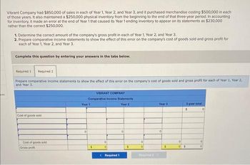 ces
Vibrant Company had $850,000 of sales in each of Year 1, Year 2, and Year 3, and it purchased merchandise costing $500,000 in each
of those years. It also maintained a $250,000 physical inventory from the beginning to the end of that three-year period. In accounting
for inventory, it made an error at the end of Year 1 that caused its Year 1 ending inventory to appear on its statements as $230,000
rather than the correct $250,000.
1. Determine the correct amount of the company's gross profit in each of Year 1, Year 2, and Year 3.
2. Prepare comparative income statements to show the effect of this error on the company's cost of goods sold and gross profit for
each of Year 1, Year 2, and Year 3.
Complete this question by entering your answers in the tabs below.
Required 1
Required 2
Prepare comparative income statements to show the effect of this error on the company's cost of goods sold and gross profit for each of Year 1, Year 2,
and Year 3.
Cost of goods sold
Cost of goods sold
Gross profit
VIBRANT COMPANY
Comparative Income Statements
Year 2
Year 1
0
S
0
0
< Required 1
0
$
0
0
Required 2 >
Year 3
0
$
0
0
3-year total
$
$
0
0
0