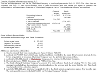 Use the following information to answer 1-2:
You are auditing general cash for the Christian Company for the fiscal year ended July 31, 2017. The client has not
prepared the July 31 bank reconciliation. After a brief discussion with the owner, you agree to prepare the
reconciliation, with assistance from one of Christian Company's clerks. You obtain the following information:
General
Bank
ledger
P 45,610 P 57,530
250,560
statement
Beginning balance
Deposits
Cash receipts journal
Checks cleared
254,560
(236,150)
Cash disbursements journal (217,610)
July bank service charge
Note paid directly
NSF check
(870)
(61,000)
(3,110)
P 6,960
Ending balance
P 82,560
June 30 Bank Reconciliation
Information in General Ledger and Bank Statement:
Balance per bank
Deposits in transit
Outstanding checks
Balance per books
P 57,530
6,000
17,420
46,110
Additional information obtained is:
a. Checks cleared that were outstanding on June 30 totaled P16,920
b. A check for P10,600 cleared the bank, but had not been recorded in the cash disbursements journal. It was
for an acquisition of inventory. Christian Company uses the periodic inventory method.
c. A check for P3,960, issued by Christianne Company, was charged to Christian Company.
d. Deposits included P6,000 from June and P244,560 for July.
e. The bank charged Christian Company's account for a not sufficient fund check totaling P3,110. The credit
manager concluded that the customer intentionally closed its account and the owner left the city. The check
was turned over to a collection agency.
f. A note for P58,000, plus interest, was paid directly to the bank under an agreement signed four months ago.
The note payable was recorded at P58,000 on Christian Company's books.
