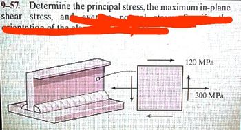 9-57. Determine the principal stress, the maximum in-plane
shear stress, an
over
120 MPa
STIL
300 MPa