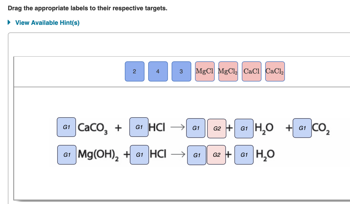 Drag the appropriate labels to their respective targets.
• View Available Hint(s)
MgCl MgCl2 CaCl CaCl2
3
G1 CaCo, +
G1 HCI
H,O
+ G1 CO.
→ G1
G2 + G1
G1 Mg(OH), + G1 HCI
G1 H,O
G1
G2 +
2.
