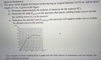 submit to blackboard.
1- The stress-strain diagram for human tendon having an original diameter of 0.8 cm. and an initial
length of 3 cm. is given in the figure.
a) Determine approximately the modulus of elasticity for the material (E?).
b) Determine the load (Pvield) on the specimen that causes yielding (make sure to include
the yielding stress (o,) in the answer).
c) Determine the ultimate load (Pultimate) the specimen will support (make sure to include
the ultimate stress in the answer).
MPа
70
60
50
40
30
20
10
10-3
80 &
0.
20
40
60
(Ans: because it needs reading from a graph and the final answer is estimation and not unique, the
final results are not given)
