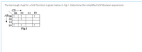 The Karnaugh map for a SOP function is given below in Fig.1. Determine the simplified SOP Boolean expression.
CD
00
AB 00 1
01
01
11
10
1
1
1
10 1
1
1
Fig.1
