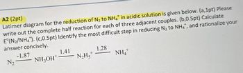 A2 (2pt)
Latimer diagram for the reduction of N₂ to NH4* in acidic solution is given below. (a,1pt) Please
write out the complete half reaction for each of three adjacent couples. (b,0.5pt) Calculate
E°(N₂/NH†). (c,0.5pt) Identify the most difficult step in reducing N₂ to NH4+, and rationalize your
answer concisely.
-1.87
1.41
1.28
N21
NH3OH
N₂Hs
+
NH