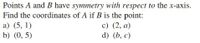 Points A and B have symmetry with respect to the x-axis.
Find the coordinates of A if B is the point:
a) (5, 1)
b) (0, 5)
c) (2, a)
d) (b, c)
