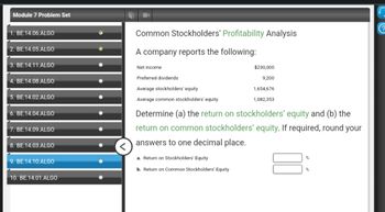 Module 7 Problem Set
1. BE.14.06.ALGO
2. BE.14.05.ALGO
3. BE.14.11.ALGO
4. BE.14.08.ALGO
5. BE.14.02.ALGO
6. BE.14.04.ALGO
7. BE.14.09.ALGO
8. BE.14.03.ALGO
9. BE.14.10.ALGO
10. BE.14.01.ALGO
Common Stockholders' Profitability Analysis
A company reports the following:
Net income
Preferred dividends
Average stockholders' equity
Average common stockholders' equity
$230,000
a. Return on Stockholders' Equity
b. Return on Common Stockholders' Equity
9,200
1,654,676
1,082,353
Determine (a) the return on stockholders' equity and (b) the
return on common stockholders' equity. If required, round your
answers to one decimal place.