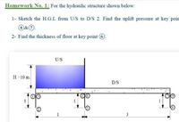 Homework No. 1: For the hydraulic structure shown below:
1- Sketch the H.G.L from U/S to D/S 2. Find the uplift pressure at key poin
2- Find the thickness of floor at key point 6.
U/S
H =10 m.
D/S
1
3
