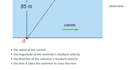 85 m
Determine...
current
A
• the speed of the current
• the magnitude of the swimmer's resultant velocity
• the direction of the swimmer's resultant velocity
the time it takes the swimmer to cross the river
