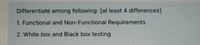 Differentiate among following: [at least 4 differences]
1. Functional and Non-Functional Requirements
2. White box and Black box testing
