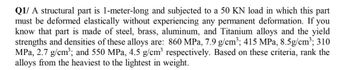 Q1/A structural part is 1-meter-long and subjected to a 50 KN load in which this part
must be deformed elastically without experiencing any permanent deformation. If you
know that part is made of steel, brass, aluminum, and Titanium alloys and the yield
strengths and densities of these alloys are: 860 MPa, 7.9 g/cm³; 415 MPa, 8.5g/cm³; 310
MPa, 2.7 g/cm³; and 550 MPa, 4.5 g/cm³ respectively. Based on these criteria, rank the
alloys from the heaviest to the lightest in weight.