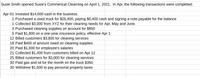 Susie Smith opened Susie's Commerical Clearning on April 1, 2021. In Apr, the following transactions were completed.
Apr-01 Invested $14,000 cash in the business
1 Purchased a used truck for $26,400, paying $6,400 cash and signing a note payable for the balance
1 Collected $3,000 from XYZ for their cleaning needs for Apr, May and June.
3 Purchased cleaning supplies on account for $850
5 Paid $1,800 on a one-year insurance policy, effective Apr 1
12 Billed customers $3,800 for cleaning services
18 Paid $400 of amount owed on cleaning supplies
20 Paid $1,600 for employee's salaries
21 Collected $1,400 from customers billed on Apr 12
25 Billed customers for $3,000 for cleaning services
30 Paid gas and oil for the month on the truck $350
30 Withdrew $1,600 to pay personal property taxes
