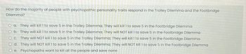 How do the majority of people with psychopathic personality traits respond in the Trolley Dilemma and the Footbridge
Dilemma?
O a. They will kill 1 to save 5 in the Trolley Dilemma; They will kill 1 to save 5 in the Footbridge Dilemma
O b. They will kill 1 to save 5 in the Trolley Dilemma; They will NOT kill 1 to save 5 in the Footbridge Dilemma
O c. They will NOT kill 1 to save 5 in the Trolley Dilemma; They will kill 1 to save 5 in the Footbridge Dilemma
d.
They will NOT kill 1 to save 5 in the Trolley Dilemma; They will NOT kill 1 to save 5 in the Footbridge Dilemma
Psychopaths want to kill all the people and save none
e.