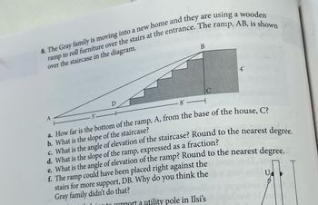 8. The Gray family is moving into a new home and they are using a wooden
ramp to roll furniture over the stairs at the entrance. The ramp, AB, is shown
over the staircase in the diagram.
A
D
8'
B
C
4'
a. How far is the bottom of the ramp, A, from the base of the house, C?
b. What is the slope of the staircase?
c. What is the angle of elevation of the staircase? Round to the nearest degree.
d. What is the slope of the ramp, expressed as a fraction?
e. What is the angle of elevation of the ramp? Round to the nearest degree.
f. The ramp could have been placed right against the
stairs for more support, DB. Why do you think the
Gray family didn't do that?
support a utility pole in Ilsi's
id
U₂