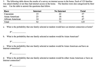 3. The following table shows the results of a survey on internet access in the home. Each of 125 families
was asked whether or not they had internet access in the home. The families were also categorized by their
race. Use the table to answer the questions that follow.
Race
Internet
No Internet
Total
Caucasian
15
22
37
Asian American
23
18
41
African American
14
33
47
Total
52
73
125
What is the probability that one family selected at random would have an internet connection at home?
а.
b. What is the probability that one family selected at random would be Asian American?
c. What is the probability that one family selected at random would be Asian American and have an
Internet connection?
p=.
d. What is the probability that one family selected at random would be either Asian American or have an
Internet connection?
