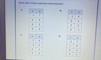 Which table of values represents a linear function?
-1
-1
8.
9.
-1
C
-7
9.
-2
7
-4
6.
1
4
2]
2]
8.
7
6.
3.
3.
4.
