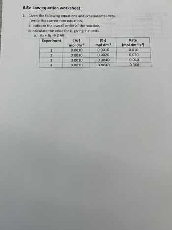 determining rate law from experimental data worksheet