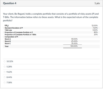 **Question 4**  
**Points: 1**

Your client, Bo Regard, holds a complete portfolio that consists of a portfolio of risky assets (P) and T-Bills. The information below refers to these assets. What is the expected return of the complete portfolio?

- **E(Rₚ):** 12.00%
- **Standard Deviation of P:** 7.20%
- **T-Bill rate:** 3.60%
- **Proportion of Complete Portfolio in P:** 80%
- **Proportion of Complete Portfolio in T-Bills:** 20%

**Composition of P:**
- **Stock A:** 40.00%
- **Stock B:** 25.00%
- **Stock C:** 35.00%
- **Total:** 100.00%

**Multiple Choice Options:**
- 10.32%
- 5.28%
- 9.62%
- 8.44%
- 7.58% 

This question involves calculating the expected return of a complete portfolio made up of risky assets and T-Bills, based on the given proportions and rates.