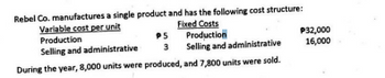 Rebel Co. manufactures a single product and has the following cost structure:
Variable cost per unit
Production
Selling and administrative
3
During the year, 8,000 units were produced, and 7,800 units were sold.
PS
Fixed Costs
Production
Selling and administrative
P32,000
16,000