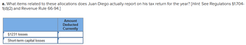 a. What items related to these allocations does Juan Diego actually report on his tax return for the year? [Hint. See Regulations §1.704-
1(d)(2) and Revenue Rule 66-94.]
$1231 losses
Short-term capital losses
Amount
Deducted
Currently