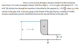 shows a cross-section through a structure (marked A) that transitions
water from a 2 m wide rectangular channel with flow depth y = 4 m to a pipe with diameter D = 1 m
at B. The friction loss through the transition is described by the equation h₁ = 0.3%, where vg is the
velocity in the pipe at B. A pressure gauge at the bottom of the pipe B gives a reading of 10 kPa.
Assume a hydrostatic pressure distribution between the top and bottom of the pipe at B.
y
A
B
D→