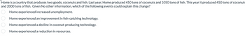 Home is a country that produces two goods, coconuts and fish. Last year, Home produced 450 tons of coconuts and 1050 tons of fish. This year it produced 450 tons of coconuts
and 2000 tons of fish. Given No other information, which of the following events could explain this change?
Home experienced increased unemployment.
Home experienced an improvement in fish-catching technology.
Home experienced a decline in coconut-producing technology.
Home experienced a reduction in resources.
000 0