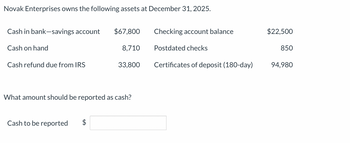 Novak Enterprises owns the following assets at December 31, 2025.
Cash in bank-savings account $67,800
Cash on hand
Cash refund due from IRS
8,710
Cash to be reported $
33,800
What amount should be reported as cash?
Checking account balance
Postdated checks
Certificates of deposit (180-day)
$22,500
850
94,980