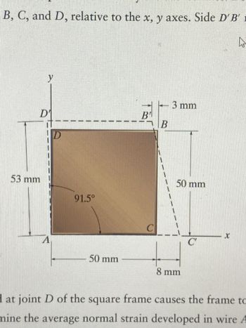 B, C, and D, relative to the x, y axes. Side D'B' 1
y
D
B
B
53 mm
91.5°
3 mm
50 mm
C
C
A
50 mm
8 mm
d at joint D of the square frame causes the frame to
mine the average normal strain developed in wire A