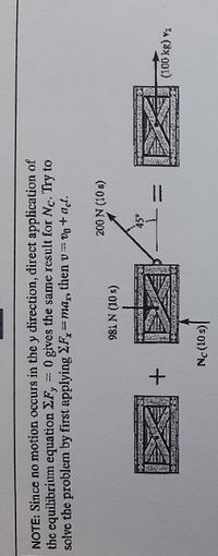 NOTE: Since no motion occurs in the y direction, direct application of
the equilibrium equation EF, = 0 gives the same result for Ne. Try to
solve the problem by first applying EF,=ma,, then v v+at.
200 N (10 s)
981 N (10 s)
45°
(100 kg) v2
+
Nc (10 s)
