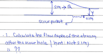 2m →!
Scour pocket
0.im
1. Calculate the flow depth of the stream
after the scour hole | Hint: Not 2.1m)
i 2?