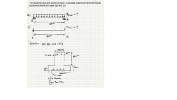 Two beams have the same section. Calculate maximum factored loads
as shown below for case (a) and (b)
aj
bj
1
8m
8m
2-20M SO
5 I
A
Section for (a) and (b):
350mm
BB
fé=
↓ Pman = ?
0 ooo
4-25M
= 30MPa
fy=400мра
&man = ?
450mm
IS A
B
650m
↑
200mm