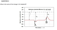 QUESTION 4
What is the name of the change in Vm labeled B?
+40
+20
Membrane potential difference (Vm) at rest
-20
Vm
-40
Vm
-60
-80
В
-100
-120
Time (msec)
Membrane potential (mV)
