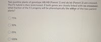 Two pureline plants of genotype AB/AB (Parent 1) and ab/ab (Parent 2) are crossed.
The F1 hybrid is then testcrossed. If both genes are closely linked with no crossover,
what fraction of the F2 progeny will be phenotypically like either of the two parent
plants?
75%
50%
25%
) 100%
