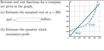 Revenue and cost functions for a company
are given in the graph.
(a) Estimate the marginal cost at q = 200.
MC =
dollars.
(b) Estimate the quantity which
maximizes profit.
600
500
400
300
200
100
0
R(q)
C(q)
100 200 300 400 500 600