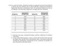 1.40 In a ready-mix plant, cylindrical samples are prepared and tested periodically
to detect any mix problem and to ensure that the compressive strength is
higher than the lower specification limit. The minimum target value was set
at 5,000 psi. The following compressive strength data were collected.
Compressive
Strength (psi)
Compressive
Strength (psi)
Sample No.
Sample No.
1
5595
11
6695
2
5139
12
5449
6359
13
5278
4
5192
14
6697
5
5188
15
5195
6.
5241
16
6021
7
5964
17
5320
5875
18
5657
6155
19
6595
10
5115
20
5235
a. Calculate the mean, standard deviation, and the coefficient of variation
of the data.
b. Using a spreadsheet program, create a control chart for these data showing
the target value and the lower specification limit. Is the plant production
meeting the specification requirement? If not, comment on possible rea-
sons. Comment on the data scatter.
