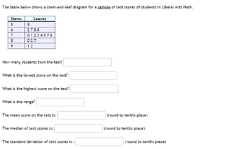 The table below shows a stem-and-leaf diagram for a sample of test scores of students in Liberal Arts Math.
Stems
5
6
7
8
9
Leaves
9
2788
01234578
027
12
How many students took the test?
What is the lowest score on the test?
What is the highest score on the test?
What is the range?
The mean score on the test is:
The median of test scores is:
The standard deviation of test scores is :
(round to tenths place)
(round to tenths place)
(round to tenths place)