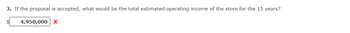 3. If the proposal is accepted, what would be the total estimated operating income of the store for the 15 years?
4,950,000 X