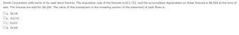 Zenith Corporation sells some of its used store fixtures. The acquisition cost of the fixtures is $13,732, and the accumulated depreciation on these fixtures is $8,504 at the time of
sale. The fixtures are sold for $4,206. The value of this transaction in the investing section of the statement of cash flows is
Oa. $5,228
Ob. $13,732
Oc. $1,022
Od. $4,206