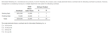 Adirondack Marketing Inc. manufactures two products, A and B. Presently, the company uses a single plantwide factory overhead rate for allocating overhead to products. However,
management is considering moving to a multiple department rate system for allocating overhead.
DLH per Product
Painting Dept.
Finishing Dept.
Totals
Overhead
$251,500
73,000
$324,500
Total
Direct
Labor Hours
11,000
10,600
21,600
A
7
2
9
B
7
3
10
The single plantwide factory overhead rate for Adirondack Marketing Inc. is
Oa. $15.02 per dlh
Ob. $22.86 per dlh
Oc. $6.89 per dlh
Od. $2.11 per dlh