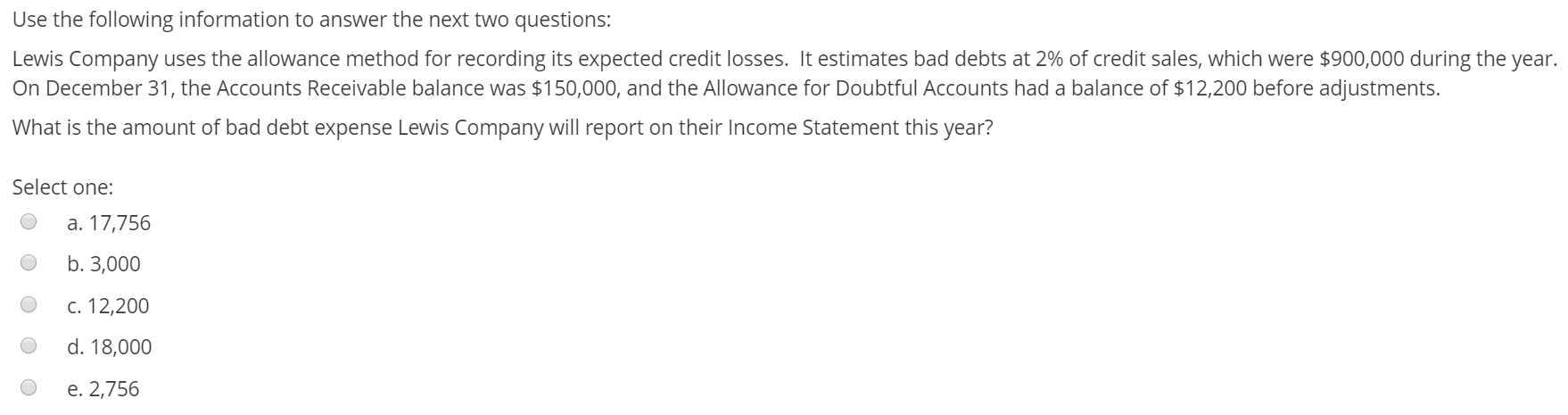 Use the following information to answer the next two questions:
Lewis Company uses the allowance method for recording its expected credit losses. It estimates bad debts at 2% of credit sales, which were $900,000 during the year.
On December 31, the Accounts Receivable balance was $150,000, and the Allowance for Doubtful Accounts had a balance of $12,200 before adjustments.
What is the amount of bad debt expense Lewis Company will report on their Income Statement this year?
Select one:
a. 17,756
b. 3,000
c. 12,200
d. 18,000
e. 2,756
