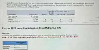 Mack Precision Tool and Die has two production departments, Fabricating and Finishing, and two service departments,
Repair and Quality Control. Direct costs for each department and the proportion of service costs used by the various
departments for the month of March follow:
Department
Fabricating
Finishing
Repair
Quality Control
Proportion of Services Used by
Quality
Direct Costs
Repair Control
Fabricating
Finishing
$ 154,600
110,200
47,400
0
0.2
0.5
0.3
88,600
0.8
0
0.1
0.1
Exercise 11-25 (Algo) Cost Allocation: Direct Method (LO 11-1)
Required:
Compute the allocation of service department costs to producing departments using the direct method.
Note: Do not round intermediate calculations. Round your final answers to the nearest whole dollar.
Total Allocated
Fabricating
Finishing
Costs