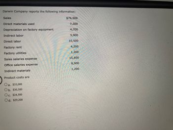 Darwin Company reports the following information:
Sales
Direct materials used
Depreciation on factory equipment
Indirect labor
Direct labor
Factory rent
Factory utilities
Sales salaries expense
Office salaries expense
Indirect materials
Product costs are
Oa. $35,000
Ob. $30,300
Oc. $24,500
Od. $29,200
$76,500
7,300
4,700
5,900
10,500
4,200
1,200
15,600
8,900
1,200